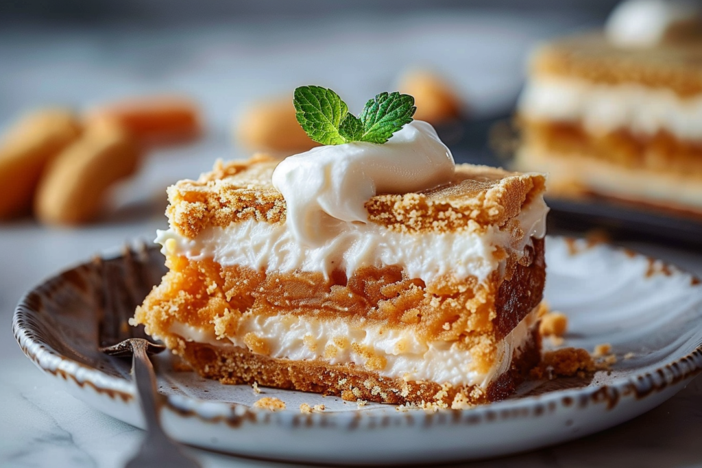 A beautifully sliced sweet potato pie cheesecake topped with whipped cream and a sprinkle of cinnamon, displayed on a rustic wooden table.