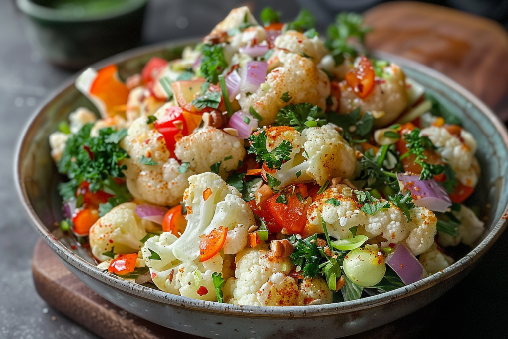 A vibrant tangy cauliflower salad topped with fresh herbs and colorful vegetables in a bowl
