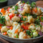 A vibrant tangy cauliflower salad topped with fresh herbs and colorful vegetables in a bowl