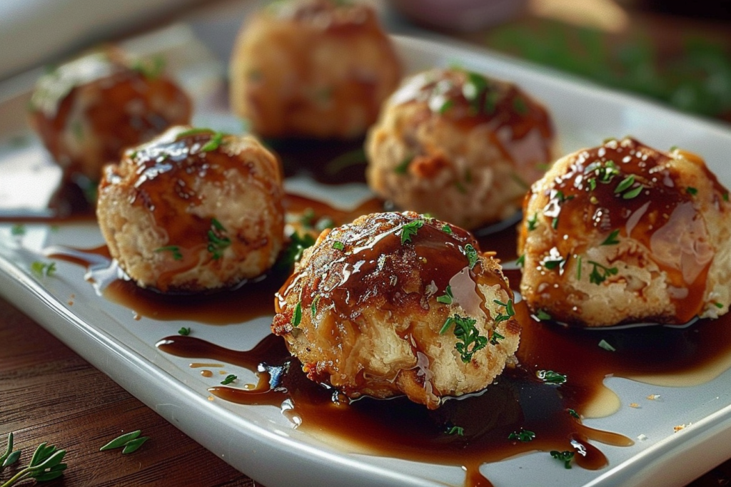 Golden brown turkey stuffing balls arranged on a rustic wooden platter, garnished with fresh herbs.