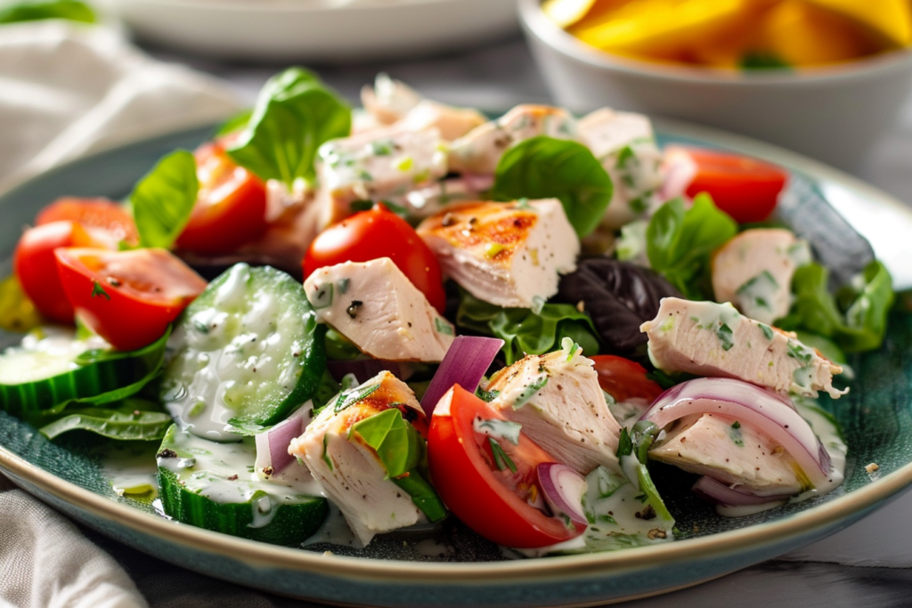 A vibrant bowl of tzatziki chicken salad topped with fresh herbs and colorful vegetables