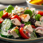 A vibrant bowl of tzatziki chicken salad topped with fresh herbs and colorful vegetables