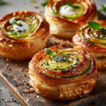 Colorful veggie pinwheels with cream cheese filling, garnished with fresh herbs