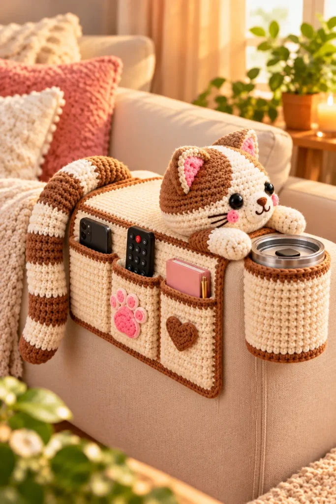 Crochet Cat Armrest Organizer with Cup Holder – Cozy Sofa Caddy Tutorial 5 c70f7468 f9af 4b9f 904c 3f189972fed9